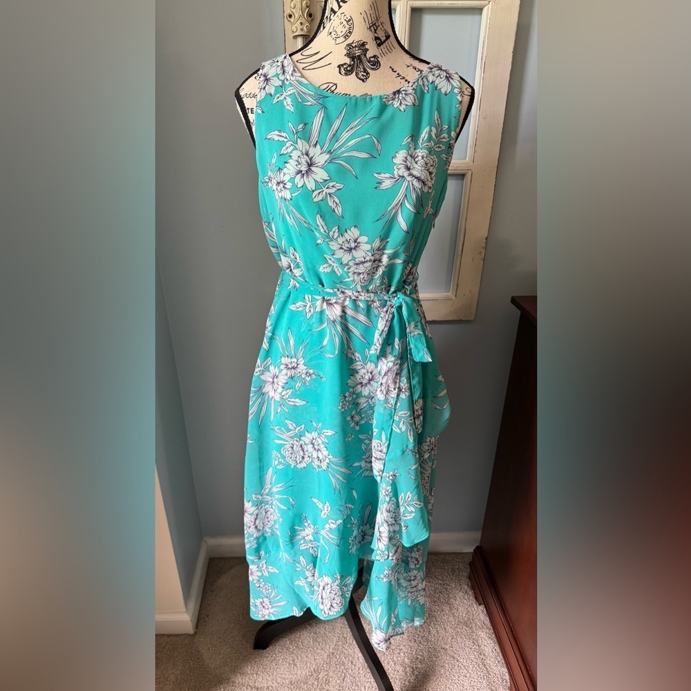 Women’s Studio One Petite Turquoise Floral Wrap Sleeveless Dress Sz 6P